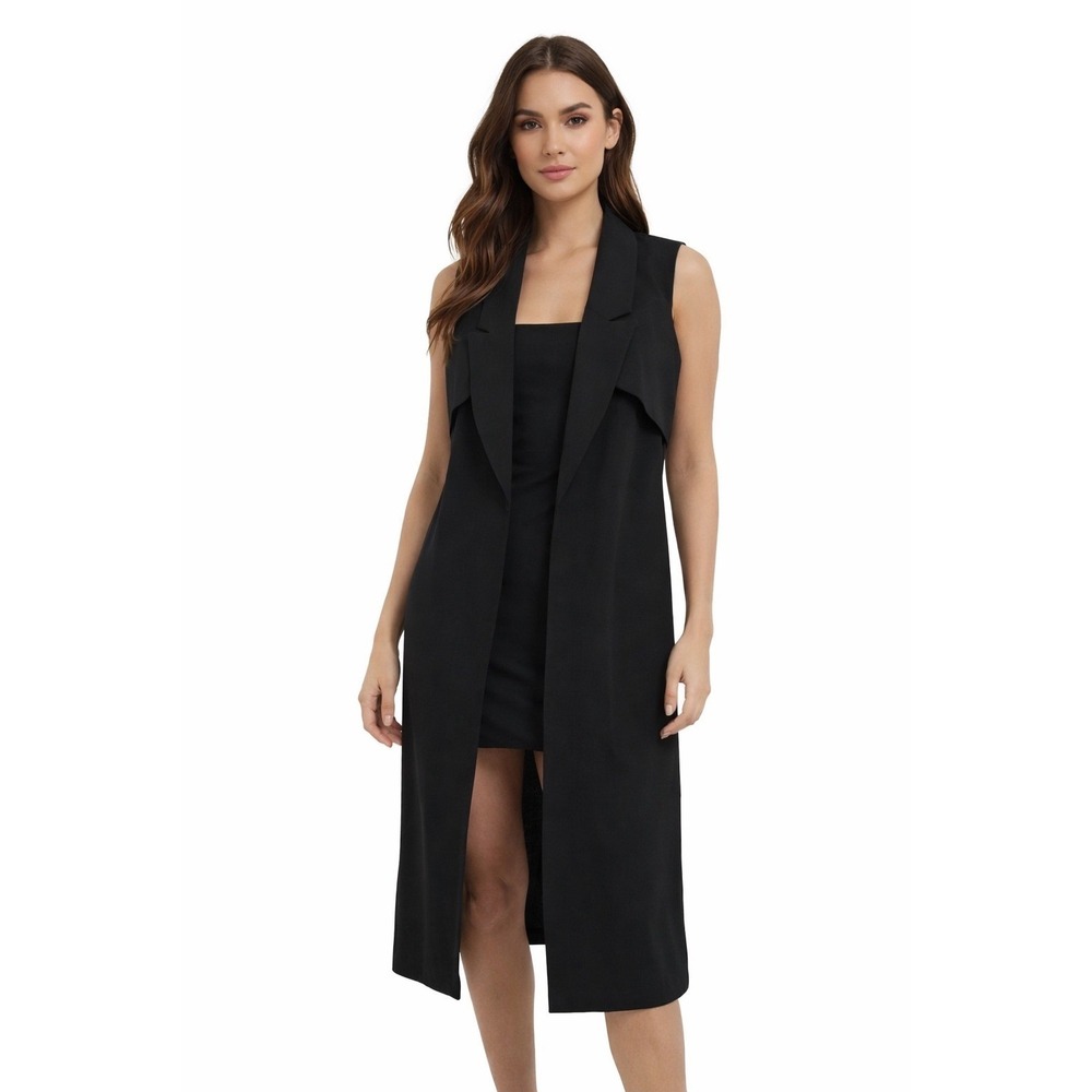 Lavish Alice Black Sleeveless Duster Vest XS Longline Open Front Blazer Dress